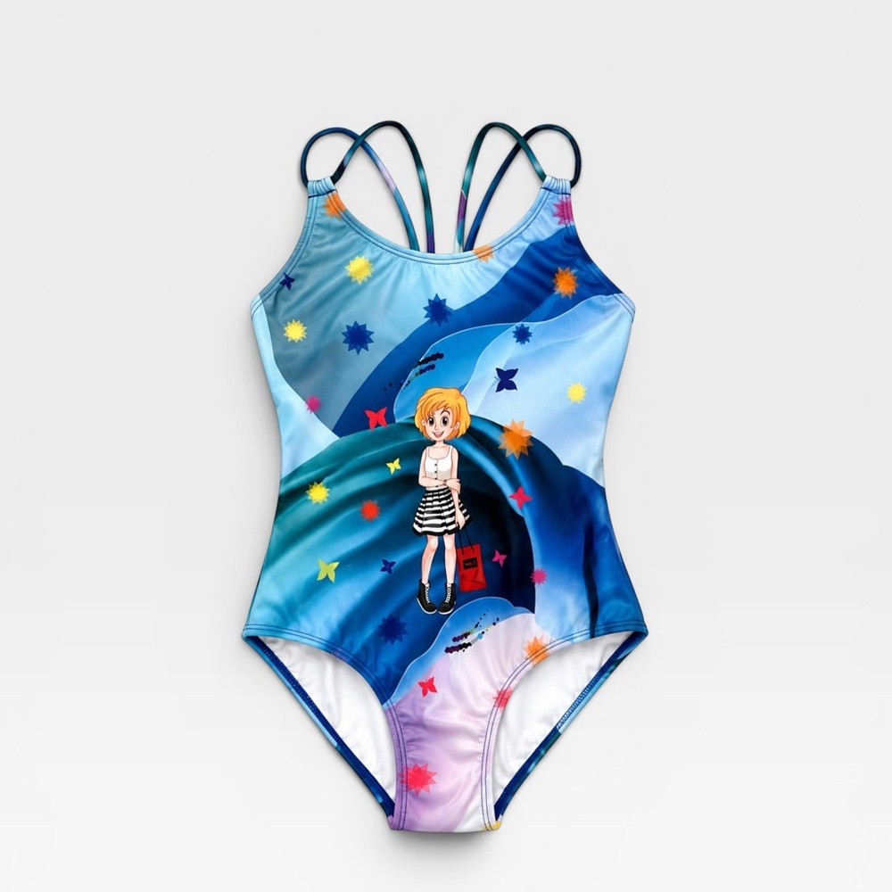 Girls Blue Star-Print One-Piece Swimsuit with Cartoon Motif